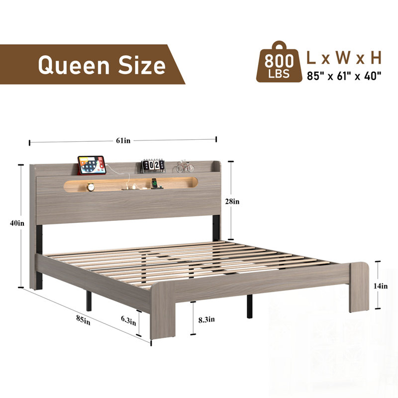 Base de lit plateforme en bois avec rangement, tête de lit à DEL, ports USB, aucun sommier requis, assemblage facile, Double