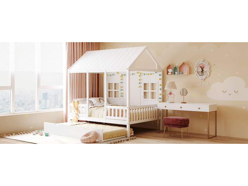 Wood House Bed With Trundle, Wooden Daybed, Full/Double