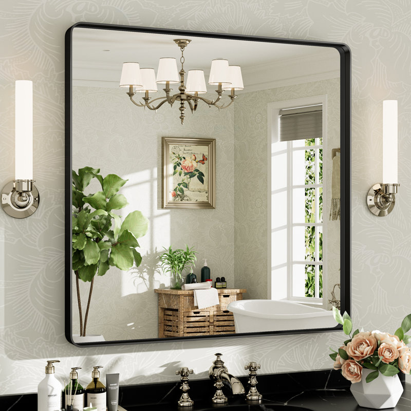Miroir de salle de bain mural Llesenia, 36 po x 36 po, Noir mat, Rectangulaire