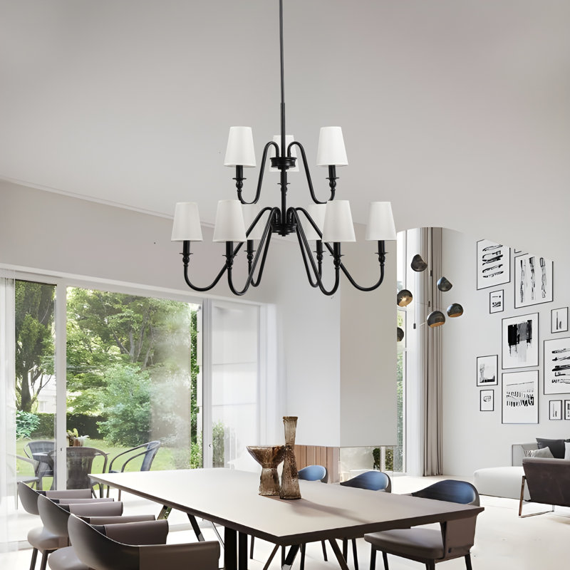 Lustre traditionnel élégant à 9 lumières et 2 niveaux, de 43 pouces de large, avec abat-jour en tissu beige, Noir mat