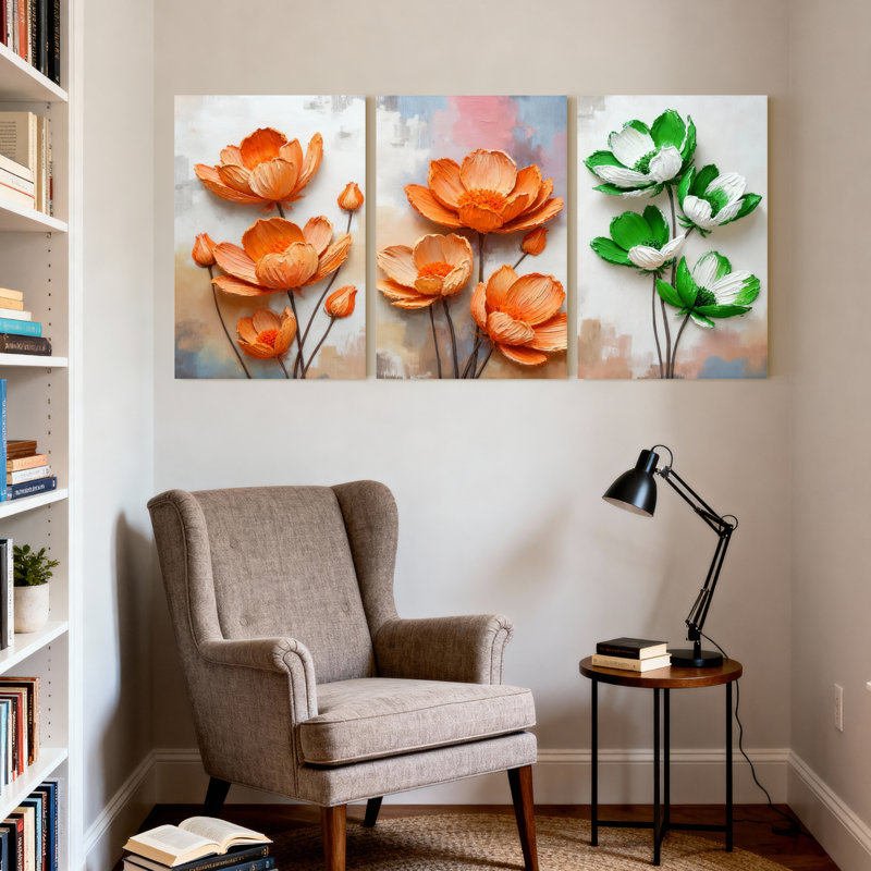 Ensemble de 3 tableaux muraux sur toile tendue, motif floral de coquelicots orange et blancs, H 18 po x l 36 po
