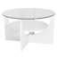 Table basse avec plateau rond en verre trempé et tablette inférieure, base en bois massif blanc doux, décoration circulaire de salon de 31,5 pouces