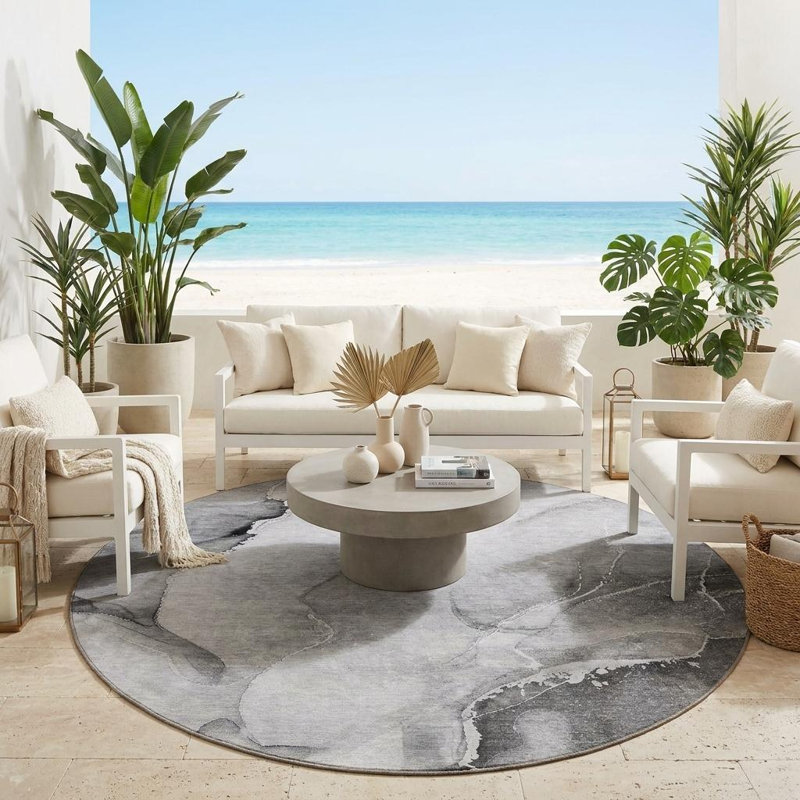 Tapis intérieur rond rond antidérapant 8 pi gris et ivoire