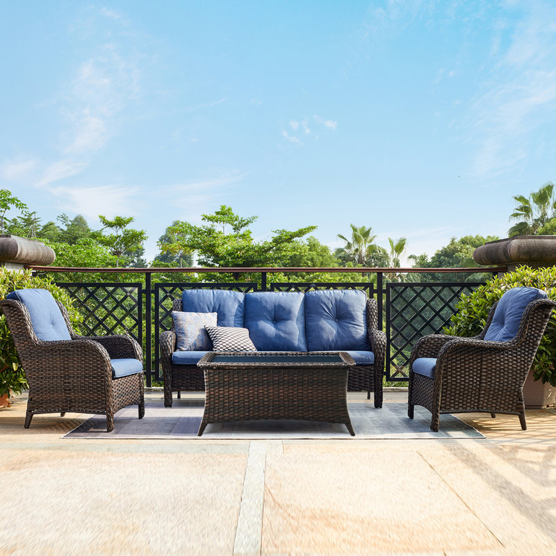 Outdoor Coffee Table with Tempered Glass Top, Wicker Patio Table, Ideal for Garden, Deck, and Yard, Brown