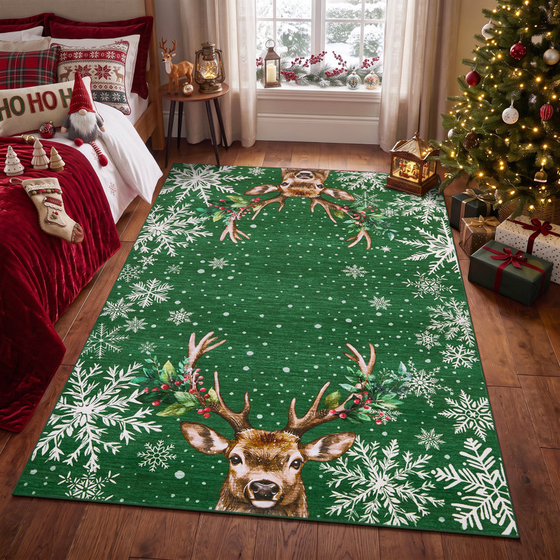 Tapis de Noël à motifs de rennes et de flocons de neige, antidérapant, antitache, lavable à la machine, pliable, idéal pour la décoration intérieure des fêtes de fin d'année.