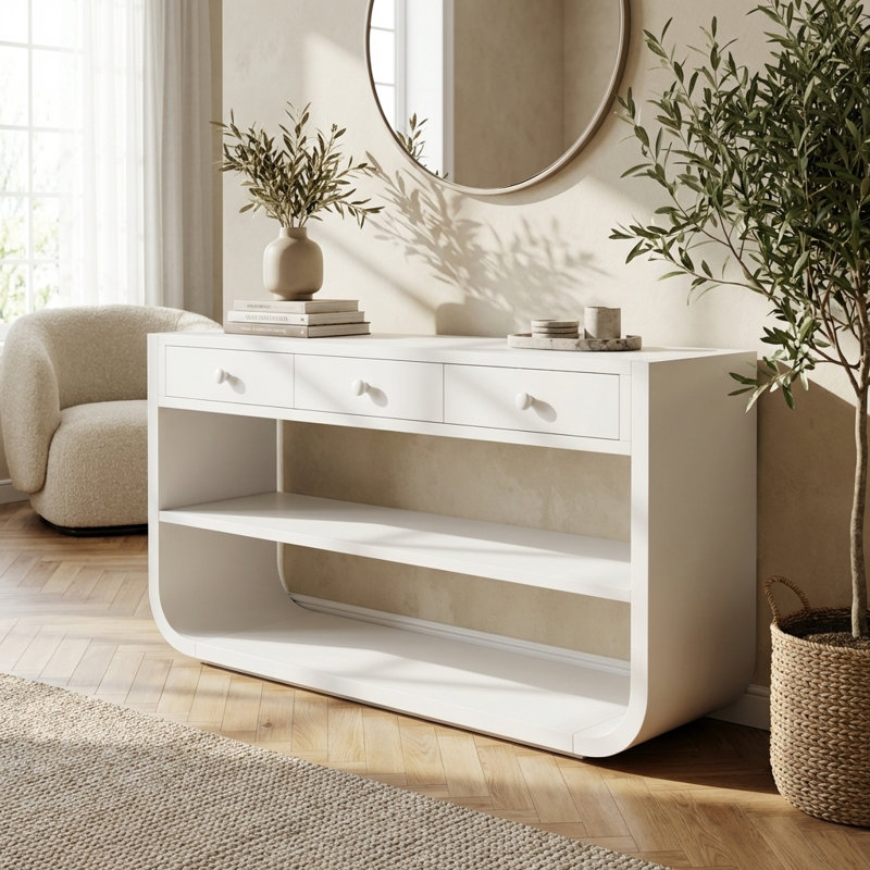 Console moderne moderne avec tiroirs à fermeture en douceur et tablettes ouvertes, base de rangement en bois massif robuste et table de rangement multifonctionnelle