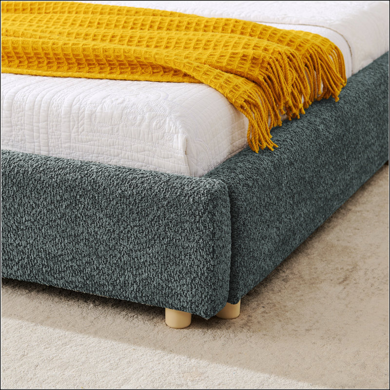 Structure de lit tapissier pour grand lit, style minimaliste moderne avec tête de lit haute incurvée, tissu en fil de cercle de qualité supérieure et support de pieds robuste, matelas non inclus
