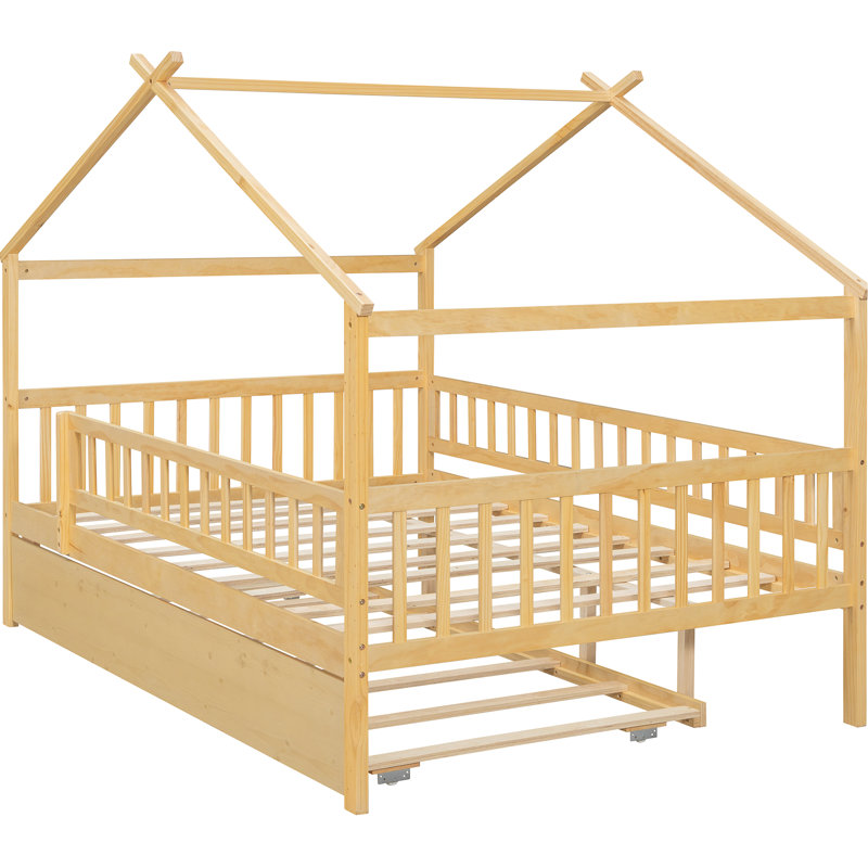 Lit cabane en bois pleine grandeur avec lit gigogne, finition naturelle, grand espace de rangement, structure robuste, 2 têtes de lit, idéal pour les enfants de 6 ans et plus, couleur du lit, couchage d'appoint, toit en forme de ciel fantaisiste, design peu encombrant, bois de pin.
