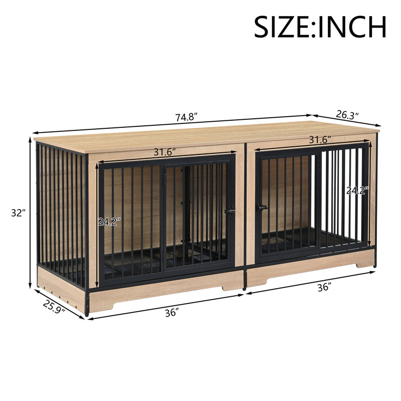 75''W Furniture Anti-Bite Dog Cage Crate Dog Kennel Tv Stand W/ Removable Baffle Sliding Tray Rustic, Natural