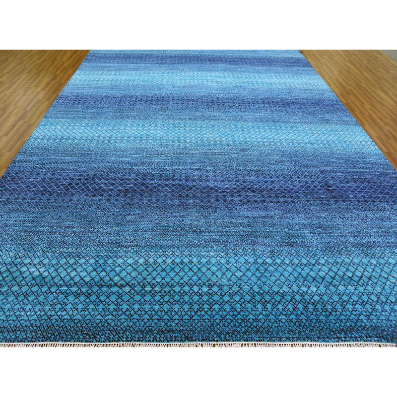 Tapis oriental rectangulaire en laine bleu noué à la main 10 pi 0 po x 14 pi 1 po - MOA10279038