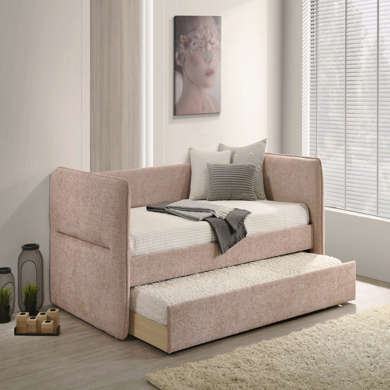 1Pc Modern Daybed Pull Out Trundle Button Tufted Nailhead Trim Bedroom Living Room Furniture Mauve Finish, Mauve