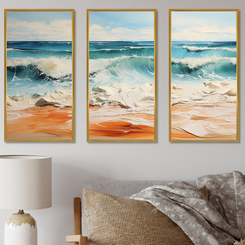 Teal Waves Fight III - ensemble d'art mural sur toile plage, Cadre flottant doré, H 32 po x l 48 po x P 1 po