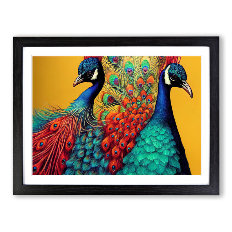 XH1022-6749X Pair Of Peacocks - Single Picture Frame Print, Black, 25cm H x 34cm W x 2cm D