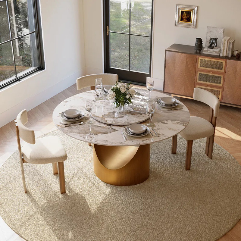 Modern Round Dining Table, Sintered Stone Tabletop With Lazy Susan, Carbon Steel Base Pre-Assembly, 29.53"H x 51"L x 51"W