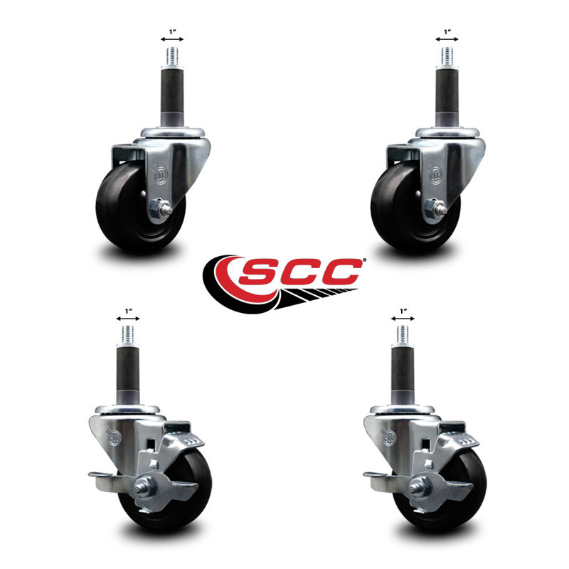 3 Inch Hard Rubber Wheel Swivel 1 Inch Expand Stem Caster Set 2 Brakes SCC