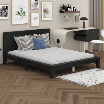 Base de lit en bois avec tête de lit, lit plateforme Mid-Century moderne