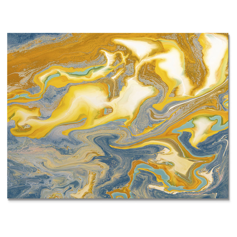 Jaune et bleu vagues de marbre I - peinture sur toile, H 30 po x l 40 po x P 1,5 po, Toile tendue