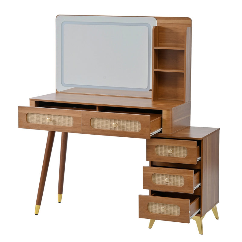 47''Vintage Makeup Vanity With Mirror And Lights, Makeup Vanity Desk With 5 Drawers And Storage Shelf, Rattan Drawer Design, 3 Color Modes And Adjustable Brightness Dressing Table,Walnut