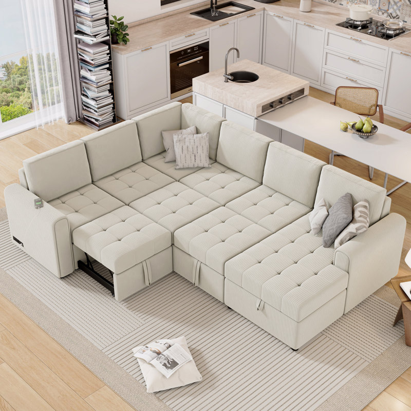 Basic Sectional Sofa, 107.5" U-Shaped Sofa  Sofa Pull-Out Sofa Bed With A Storage Chaise Lounge, Charging Devices