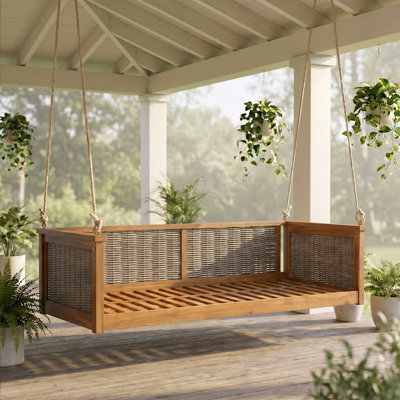 Outdoor Classic Solid Wood Twin Size Swing Bed,Garden Porch Rattan Swing Frame with Long Ropes for Poolside, Backyard