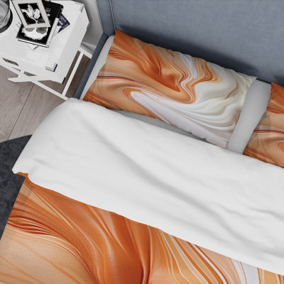 Vagues de peinture orange et blanche - Ensemble de housse de couette abstrait - Microfibre de polyester