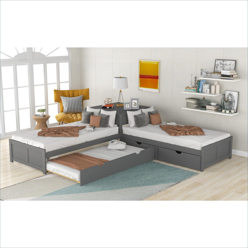 Small Shared Bedroom L-shaped Platform Bed Multi-Sleeper Storage Twin Size Solid Pine Gray-toned Frame