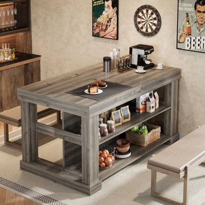 55'' Large Home Bar Unit, 3-tier Pub Table With Storage Shelves, Modern Bar Table For Kitchen, Bistro, Living Room