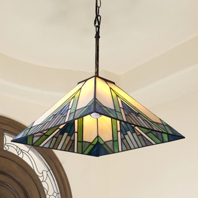 Tiffany-style Vintage Art Chandelier 14.2"×14.2" Stained-glass Shade 59" Adjustable Chain E26 Base For Home