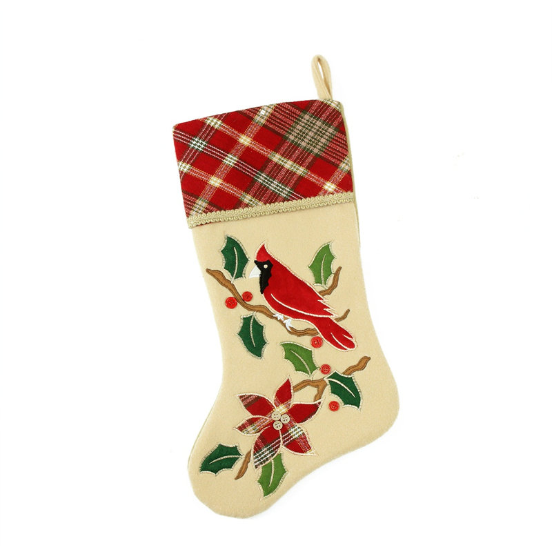Chaussette de Noël brodée 20,5 po Cardinal ivoire et rouge
