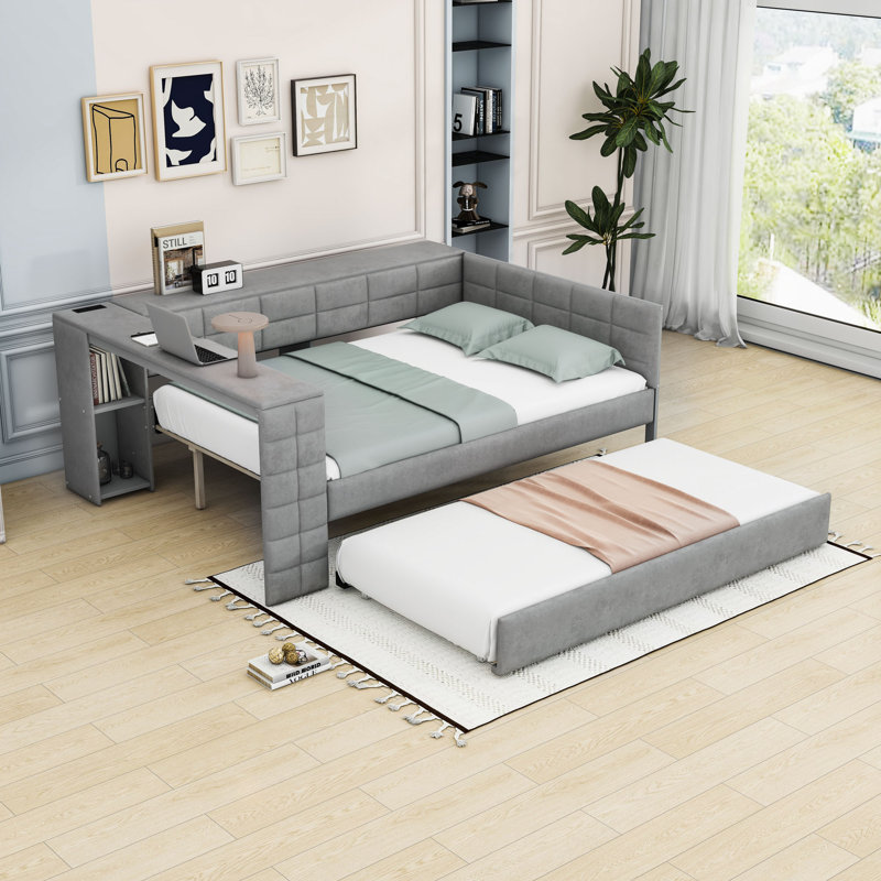 Full Upholstered Daybed Bed with Trundle and Shelves and Charging Station, Grey