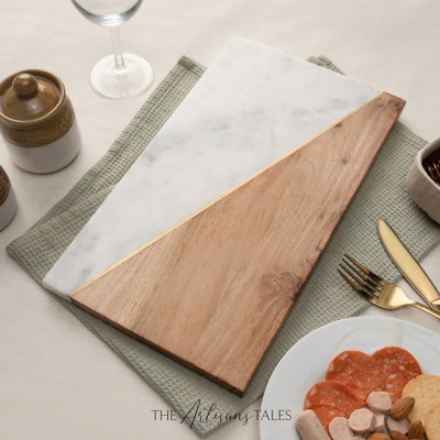 LuxeDesigns Acacia Wood & White Marble Triangle Cutting Board – Dual-Surface Kitchen Board for Cutting, Chopping & Serving – Eco-Friendly Acacia Wood and Marble Charcuterie Board, Diagonal Split Design, Durable & Elegant