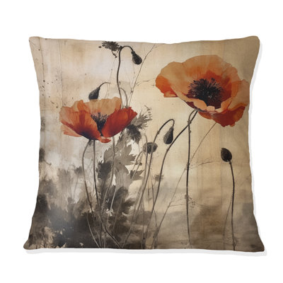 Vintage Beige Poppies II - Floral Printed Throw Pillow