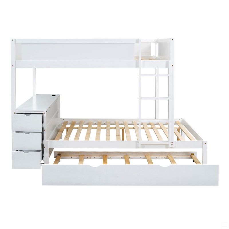 Lit superposé double avec lit gigogne simple, rangement et bureau, Blanc