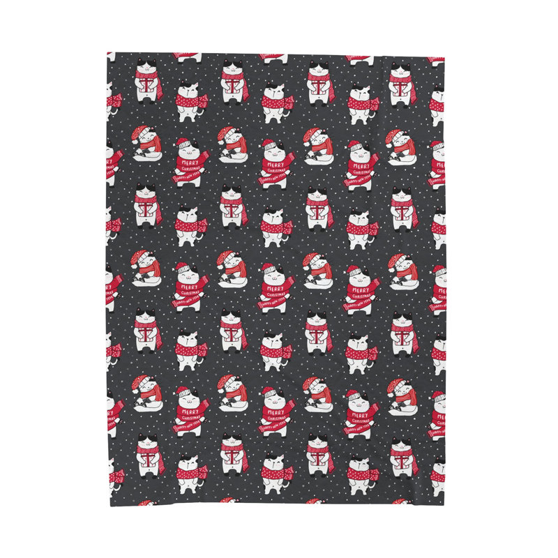 Couverture en velours de velours de coton / Merry Catmas, Double, Blanc / gris / rouge