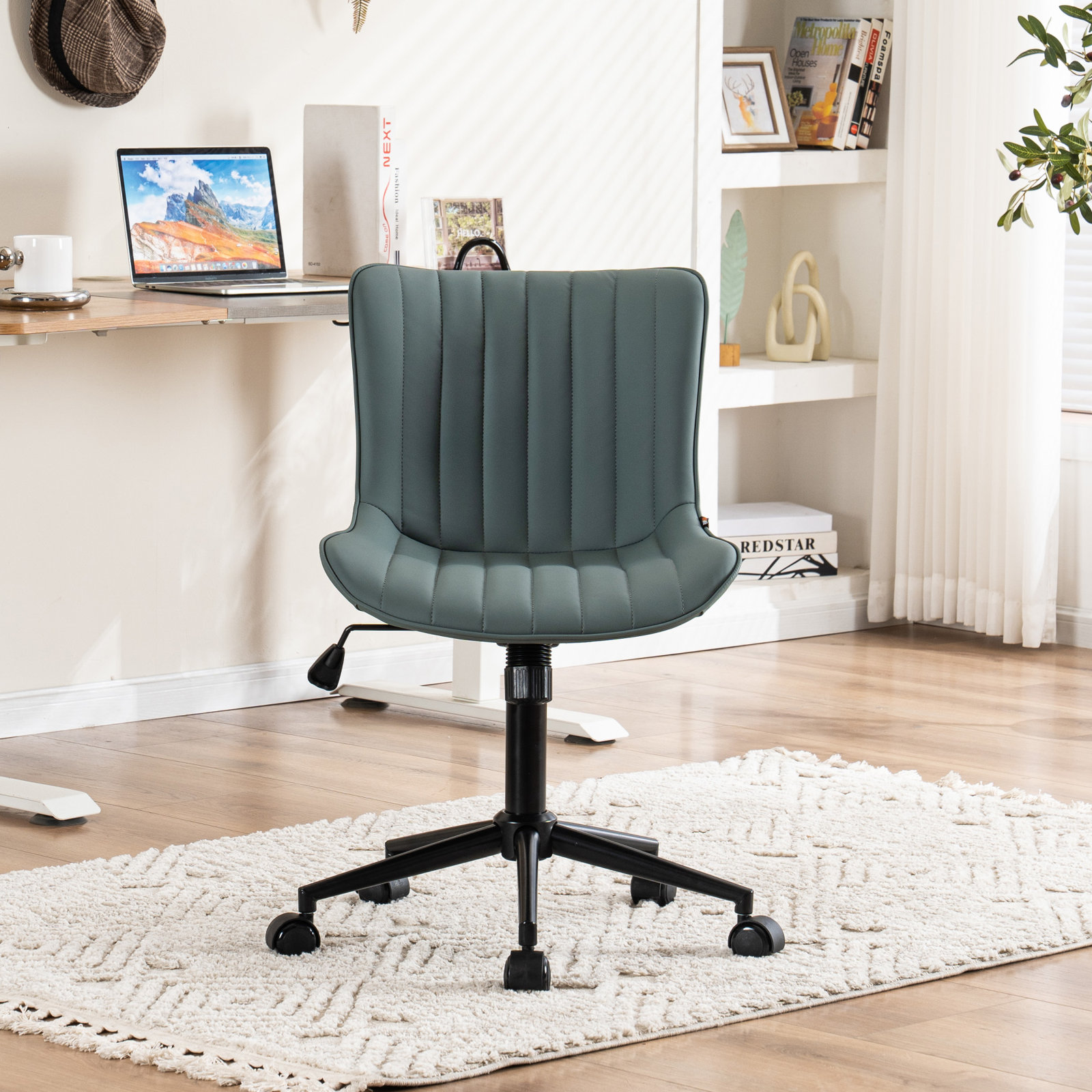 Brionni Leather Swivel Task Chair with Casters, Gray Green Seat/ Black Frame