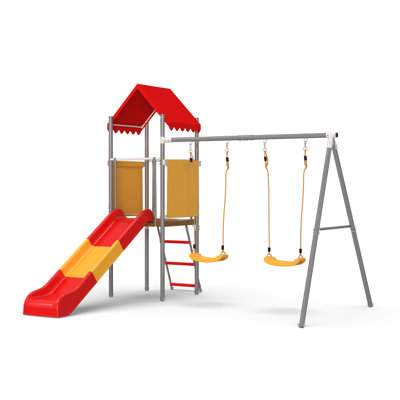 Ensemble de balançoire en métal et en plastique avec glissoire, balançoires à ceinture et auvent - sécuritaire, robuste et portable pour les enfants de 3 à 8 ans