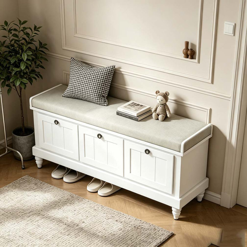 Banc à chaussures avec coussin et trois tiroirs, Blanc