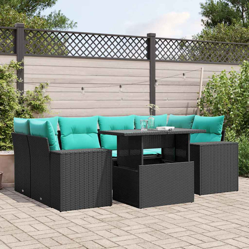 Ensemble de canapé de patio 7 pièces avec coussins en rotin de polyester, Bleu clair, Noir