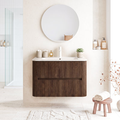 Meuble-lavabo mural simple l 24 po x P 18 po x H 34 po à grain de bois rétro en noyer avec plateau et cuve en céramique blanche intégrée