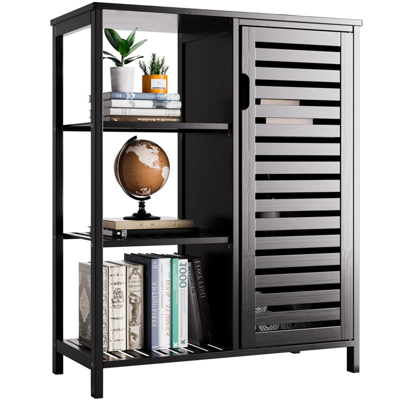 Bamboo Storage Cabinet with Door and 3 Open Shelves, Black