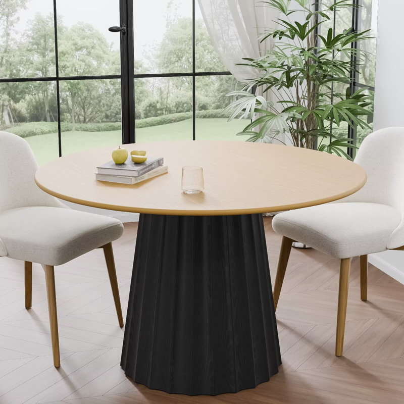 46" Two-tone Round Oak Dining Table with Solid Wood Pedestal Modern Kitchen Table for Living Room Dining Room Seats 4