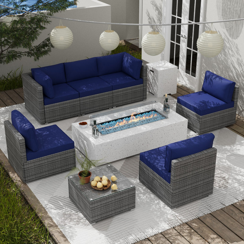 Ensemble de conversation modulaire 9 pièces avec coussins et table foyer, Bleu marine / gris