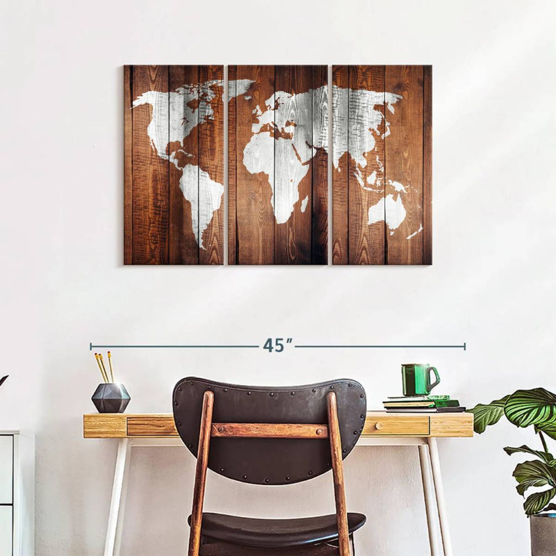 World Map " Chestnut World Map " 3 Piece Art Set, 38" H x 24" W x 1.25" D