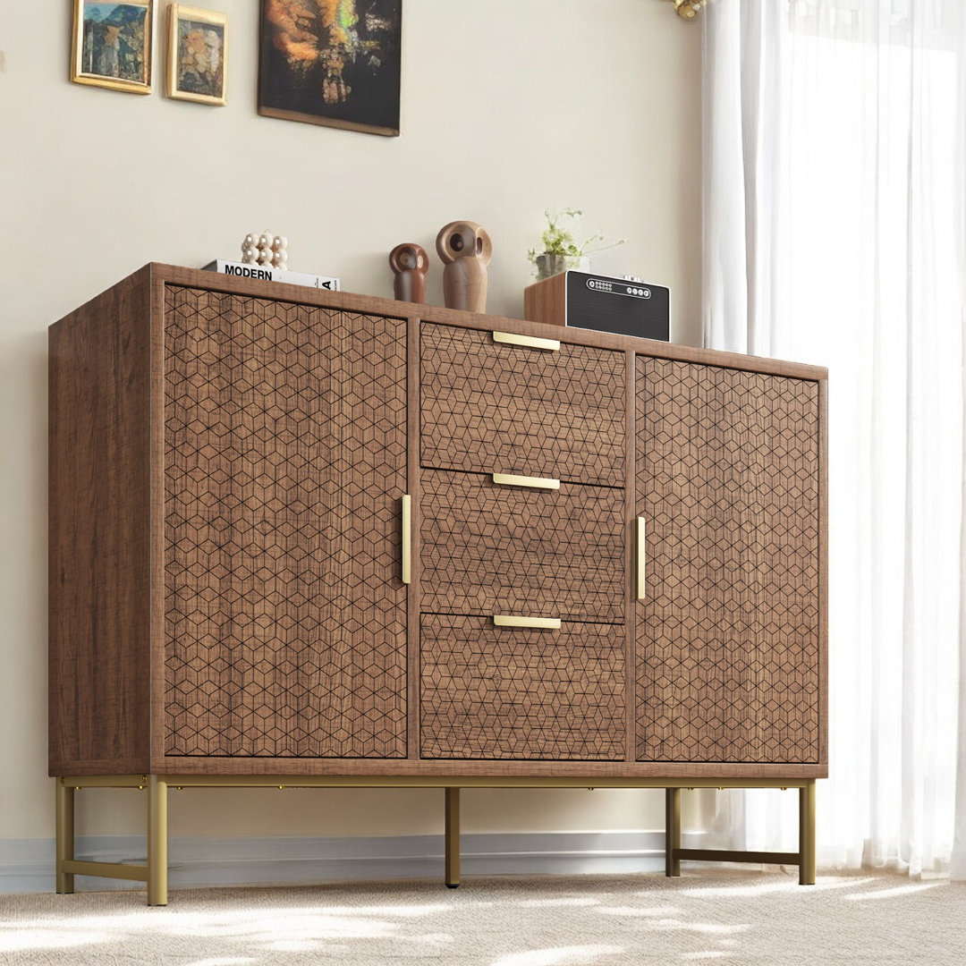 Walnut Embossed Design Sideboard With 3 Drawers 2 Doors Adjustable Compartments Cabinet Dresser, Anti-Tip