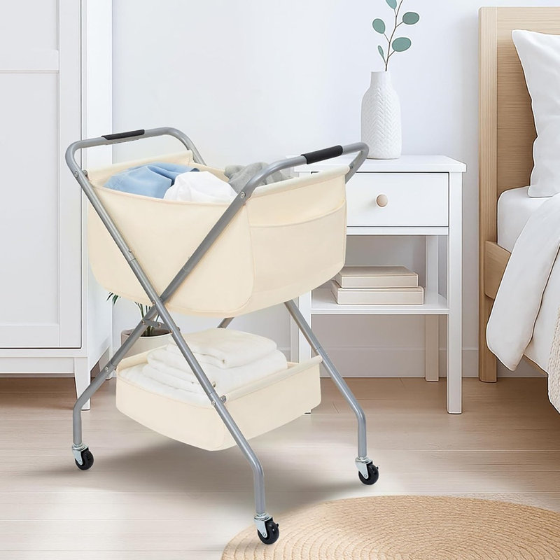 Collapsible Laundry Cart With Wheels, Rolling Laundry Hamper With Steel Frame And Canvas Liner, Foldable Clothes Basket For Small Spaces And Easy Storage, Beige