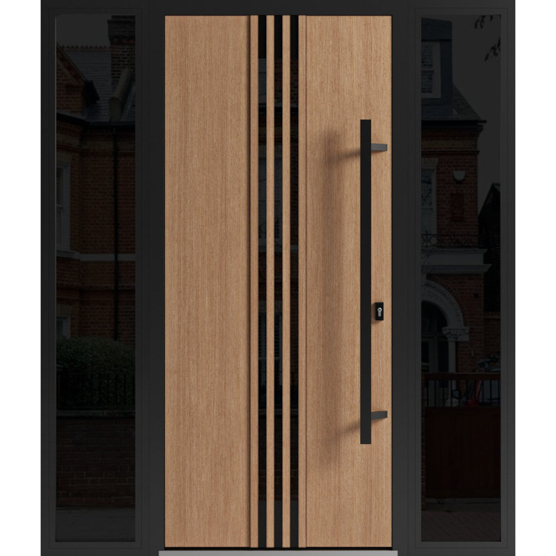 Porte avant en acier pré-suspendue avant / teck Ronex 1055/2 fenêtres latérales extérieures latérales / entrée en métal peint moderne l 12 + 36 + 12 po x H 80 po à gauche