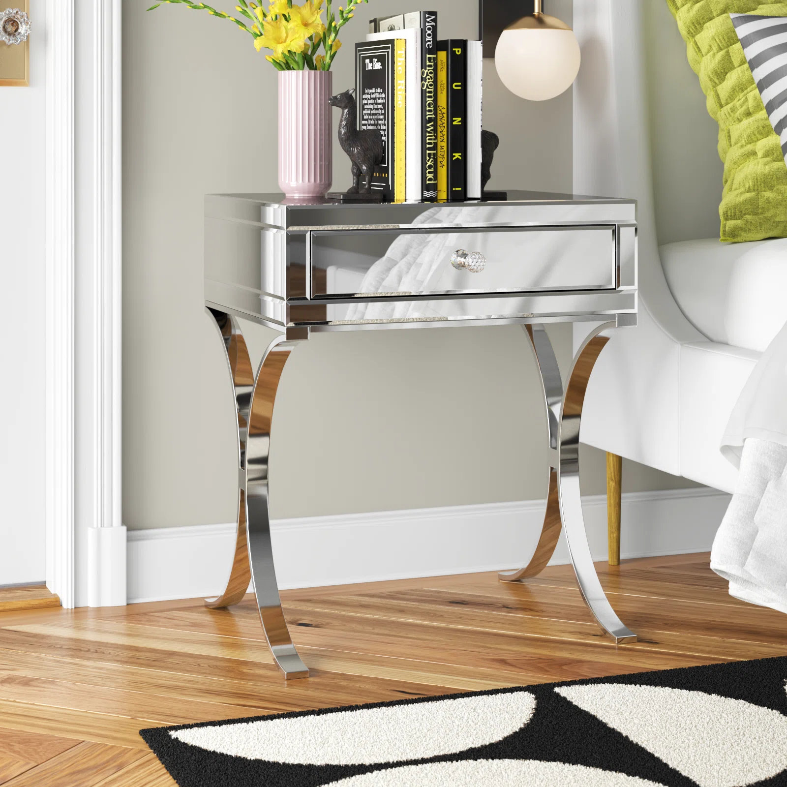 Toby 27" Tall Mirrored Nightstand 1-Drawer Metal Cross-legs