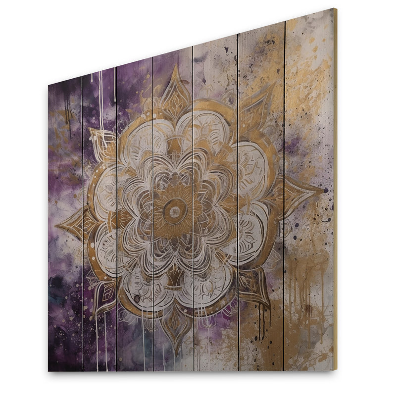 Eldan - Mandala mauve et doré I sur bois, H 35 po x l 35 po x P 0,78 po
