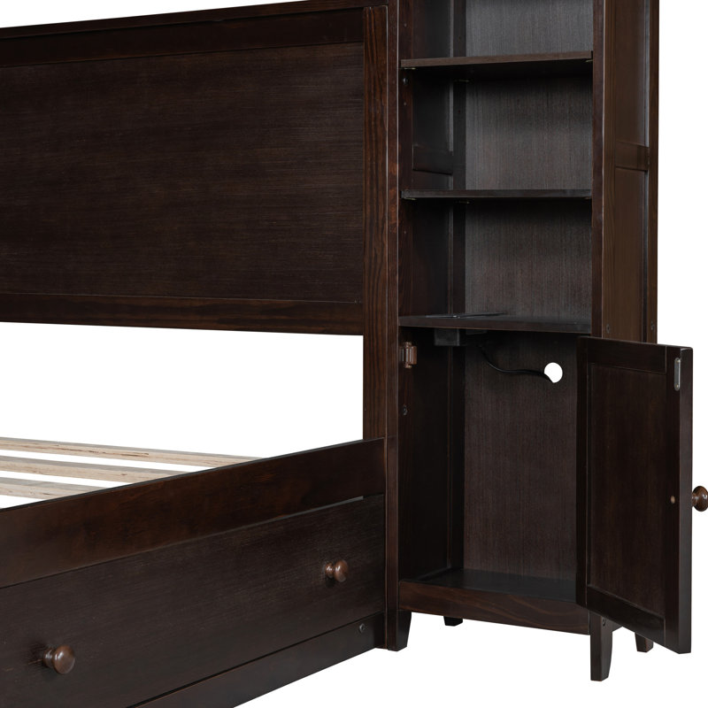 Grand lit avec stabilité et charme en bois massif - Armoire intégrée, configuration de prise de tablette, espaces de rangement polyvalents