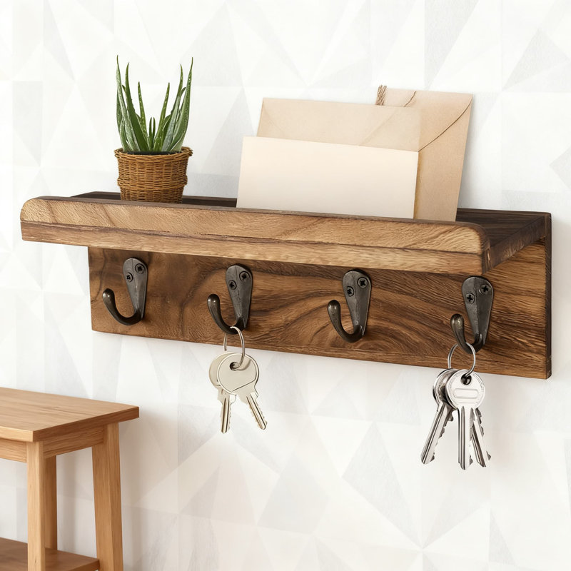 Porte-clés mural Farmhouse avec 4 crochets, étagère d'entrée en bois et organisateur de courrier, porte-clés mural rustique pour l'organisation à domicile